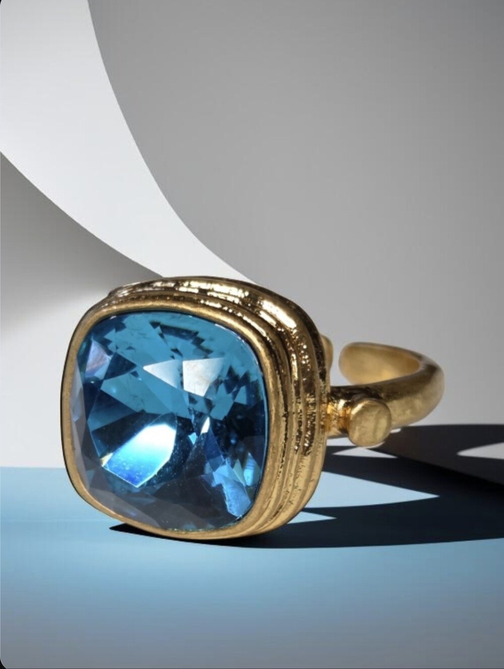 18k Gold Plated Luxury Byzantine Revival Cushion Cut Blue Topaz Crystal Ring